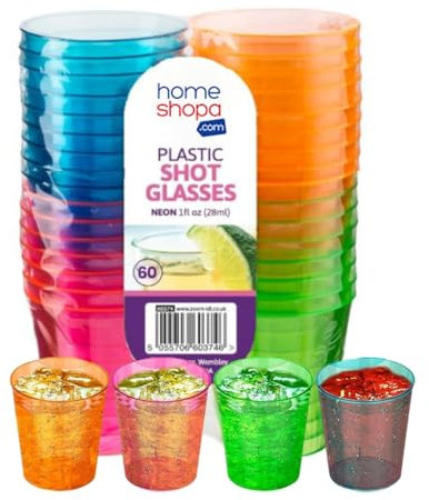 HOMESHOPA 60 Pk Neon Plastic Shot Glasses 28ml, 1oz Reusable Colourful Rainbow Vodka Shot Cups, Perfect Tumblers for Drinking Games, Sample Tasting, Wedding, Camping, Travel, Birthday Party & Events
