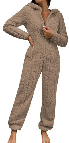Confortevole pigiama da donna in pile corallo, elegante e caldo lounge con cappuccio per autunno e inverno leopardo Catsuit, marrone, S