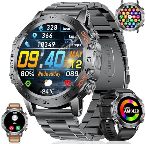 LIGE Militär Smartwatch Herren mit Anruf Texte Erinnerung, 530mAh Akku - 1.45''Amoled Display 100+ Sportmodi Fitnessuhr mit Herzfrequenz, SpO2, Schlafmonitor, Smartwatch für Android iOS, Schwarz