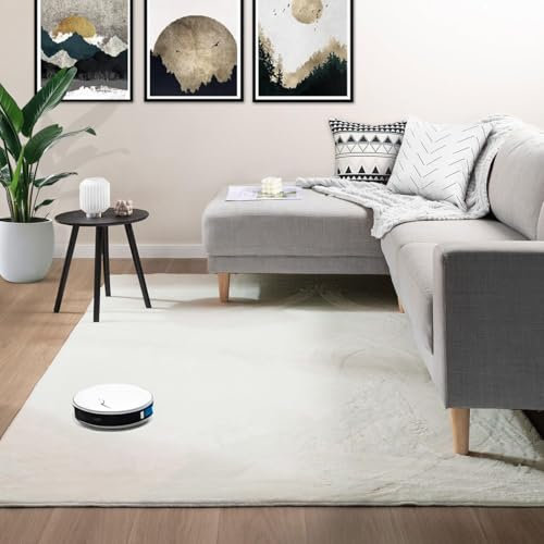 VIMODA Teppich Wohnzimmer Schlafzimmer Fellteppich, kurzflorig - waschbar und Fußbodenheizung geeignet, Farbe:Creme, Maße:80x140 cm