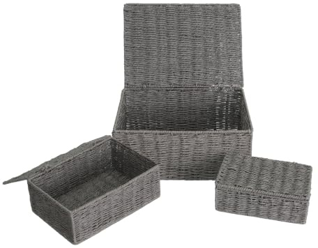 Wickerfield Paper Rope Storage Hamper Basket Box with Lid (Grey, Set: S+M+L)