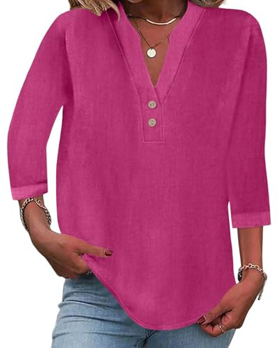 Onsoyours Camicia Donna Lino Cotone Elegant Maniche a 3/4 Scollo V Maglia con Bottoni Tunica Solidi Blouse A Fucsia S