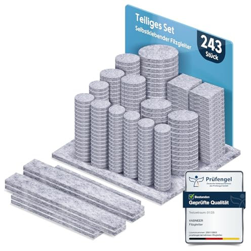 Filzgleiter Selbstklebend Grau - 243 Stück, 5mm Stärke (Rund & Eckig), Filzgleiter für Stühle & Möbelgleiter, Kratzschutz & Geräuschdämpfung