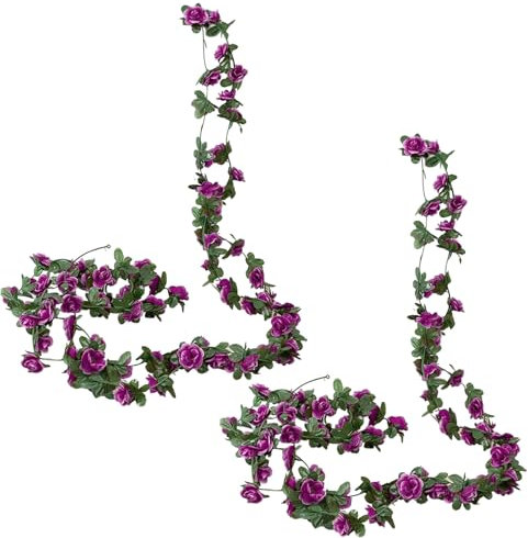 2 Pack Artificial Flower Garland, Purple Fake Rose Vines, 2.4m Floral Garland for Wedding Arch, Garden Decor, Indoor Outdoor Decoration, Roses and Ivy Design