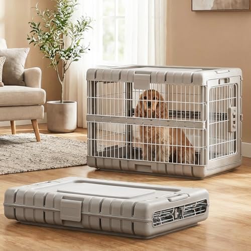 ZOMISIA Hundebox Faltbar für Kleine Hunde, 71×48×55 cm, Beige | 4-Seitig Faltbarer Metallzwinger mit 2 Laufrädern, Werkzeugloser Tragbarer Abnehmbarer Haustierkäfig für Zuhause & Reisen