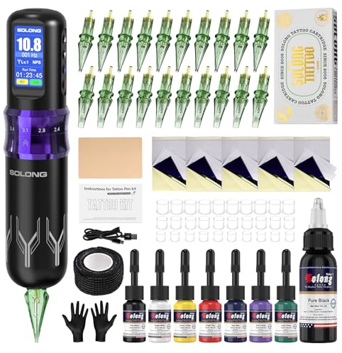 Kit de Tatuaje Inalámbrico Solong, 7 Modos, Set Profesional de Máquina de Tatuaje Rotativa con Batería de 1600mAh, Pantalla LCD, 20 Agujas y 8 Tintas de Tatuaje Kit Completo para SL-TKE200AEU-4