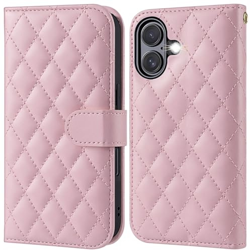 OCASE Hülle für iPhone 17 5G, Handyhülle Argyle-Rosa | Kartenfach Magnet Standfunktion RFID Blocker Stoßfest Lederhülle
