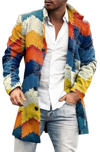 Generisch Manteau long en laine pour homme, veste demi-saison à carreaux col roulé trench coat boutonné longueur moyenne veste d'hiver grandes tailles classique cardigan veste simple polyvalente veste