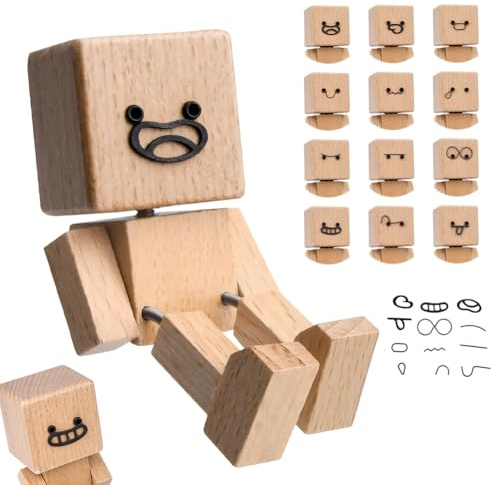 Wooden Schüttelnde Holzmann-Figur, Wackelfigur Auto mit 12 Magnetischen Emo
