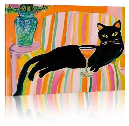 kollyseek Gerahmte lustige Katze auf dem Sofa beim Trinken 30x40 Wandkunst-Posterdrucke Vintage-Kunst Katze Dekoratives Gemälde Geeignet für Wohnzimmer, Schlafzimmer, ästhetische Raumdekoration