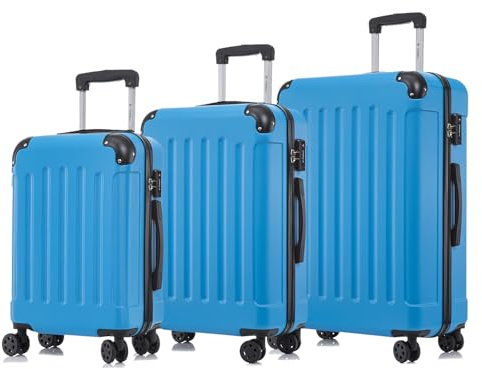 YONSLY Premium Reisekoffer TSA-Schloss,YKK-Reißverschluss Hartschalen-Koffer Trolley Kabinenkoffer Rollkoffer Suitcase Handgepäck 4 Rollen (Blau, M-L-XL-Set)