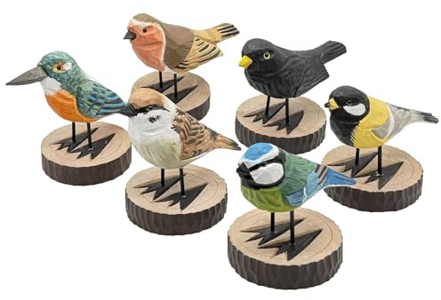 your castle Pájaro decorativo de madera sobre pedestal, juego de 6 piezas, pájaros de jardín domésticos, hechos a mano, 12 x 10 cm