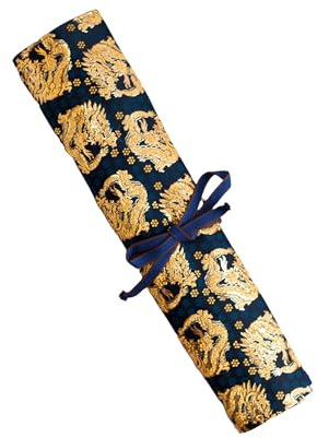 Nishijin-ori Japanese Knife Roll: Handcrafted Fabric, 5-6 Knife Storage; Golden Dragon Pattern