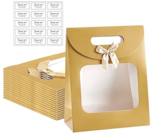 GUOYOU 15 Pièces Sac Cadeau Transparent,Sac Kraft Petit Format Avec Fenêtre | 16 x 12 x 6 cm Emballages de Cadeaux pour Emballer des Cadeaux de Banquet, des Bonbons, des Biscuits Noël (Or)