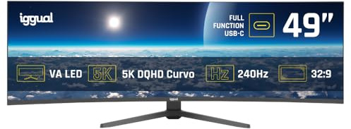 iggual Monitor 5K UltraWide 49 Curvo 32:9| Pannello VA LED 5120x1440 (DQHD) 240Hz, 100% sRGB| Connessioni: USB-A, USB-B, USB‑C 90W, HDMI 2.1, DP 1.4| FreeSync, HDR| Design Frameless e supporto