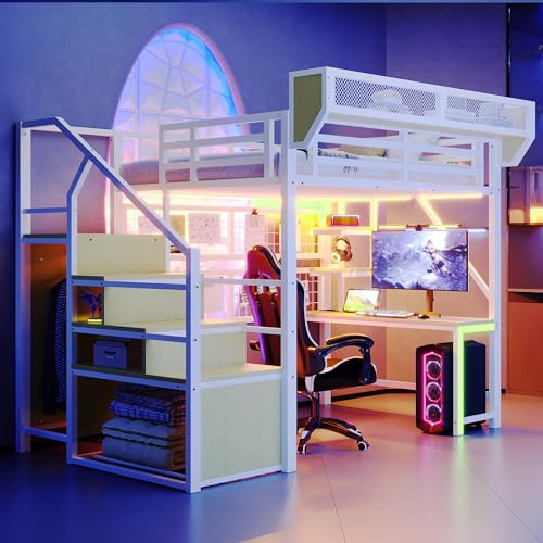 Huayz Letto a soppalco in metallo, 140 x 200 cm, con scrivania, mensola, letto per ragazzi con scala di stoccaggio, LED e presa, multifunzionale, per bambini e ragazzi, senza materasso