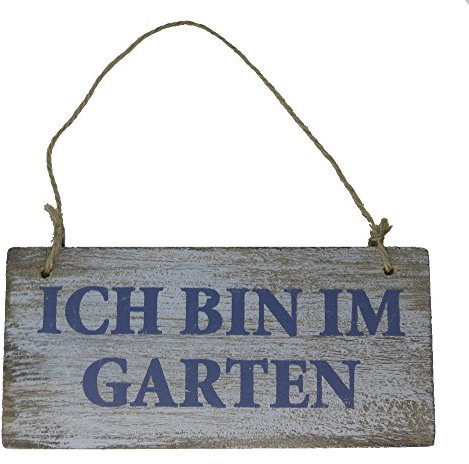 DECOLINE Holz Schild mit Kordel Ich Bin im Garten Shabby 17 x 8cm - Natur/weiß/blau - zum aufhängen - Garten-Schild - Deko-Schild