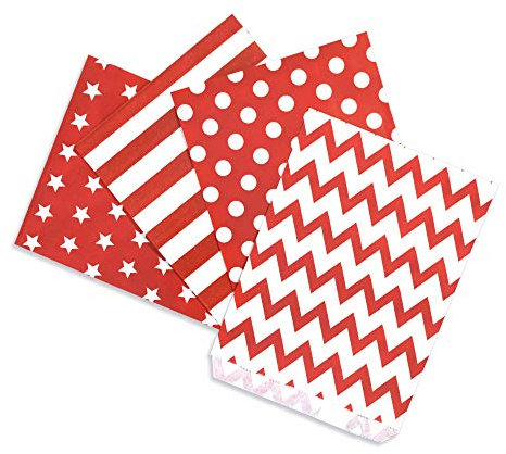 Frau WunderVoll® 100 PAPIERTÜTEN ROT, Sterne, Streifen, Punkte, Zacken 13 x 16,5 cm, 45 Gramm Papier, flach/Candy Bar, Hochzeit, Kindergeburtstag, Papiertütchen, Candybag, Tüten, Mitgebseltüten