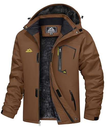 Fleece Jackets Mens Full Zip Waterproof Sports Jacket Snowboarding Travel Walking Cold Ski Skiing Coat Winter Windbreaker Outwear Coffee Brown