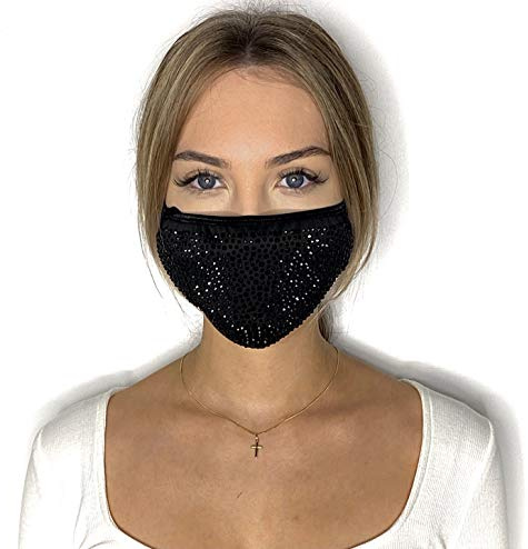 PREMIUM Gesichtsmaske mit Strasssteinen und Pailletten - Maske für Erwachsene, Damen und Herren (Schwarz Strass dunkel)