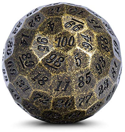 DNDND Old Brass D100 Würfel aus Metall, 100 Seiten, Polyedrischer Würfel mit Metallgehäuse und Samtbeutel (altes Messing mit schwarzer Zahl)