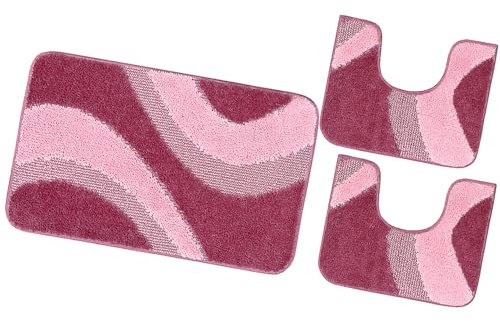 emmevi Tappeto Bagno Parure Set 3 Pezzi Morbido Shaggy Antiscivolo Lavabile mod.EVIA SET 3 PEZZI PORPORA