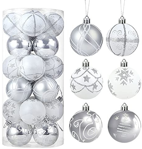 LIHAO 24 Stück Weihnachtskugeln Kunststoff Silber Baumkugeln 6 cm Christbaumschmuck Ornamente Weihnachten Deko