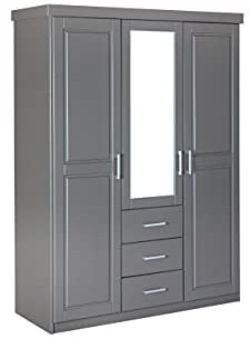 Inter Link - Kleiderschrank - Drehtürenschrank - Spiegelschrank - Garderobenschrank - 3 Türen - 3 Schubladen - Kiefer massiv - Norwin - Grau lackiert