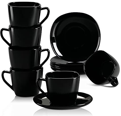 MALACASA, Serie Dennis, 12 teiligen Set Opalglas porzellanartiges Kaffeeservice Kaffeetasse Teeservice, 240ml Tassen mit 5,5 Zoll Untertassen je 6 Stück für 6 Personen Schwarz