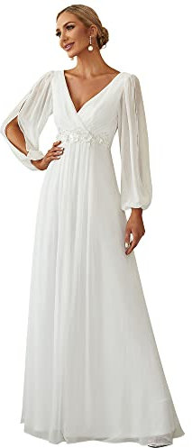 Ever-Pretty Women's Elegant A-Line Deep V-Neck Appliques Pleated Long Sleeve Bridesmaid Dress Cream 14UK