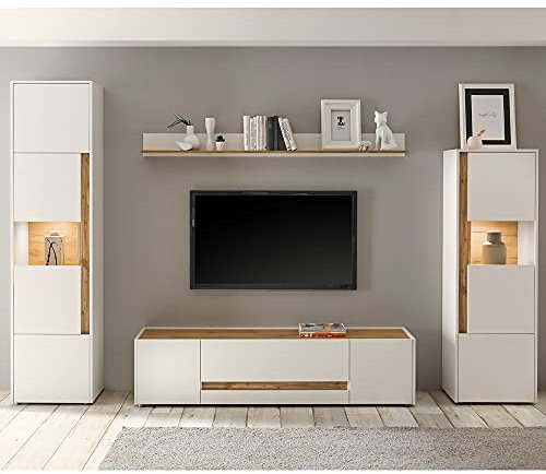 Lomadox TV Wohnwand 4-TLG. mit LED Beleuchtung in weiß mit Absetzungen in Wotan Eiche Nb, B/H/T: ca. 310/197/45 cm