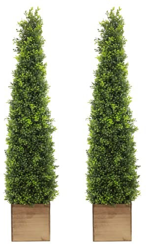 Season’s Need Artificial Boxwood Cone Tower 4ft Tall Topiaries Tree Set with Wooden Planter - Indoor Outdoor Décor, 2 Pack Fake Bushes - Potted Plant