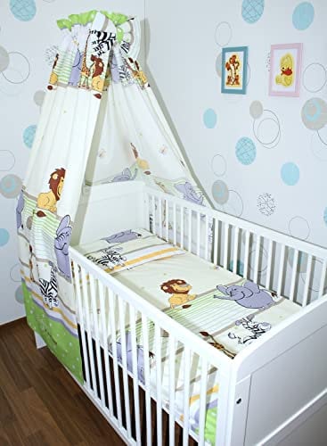 Primawela Baby Bettset Bettwäsche mit Himmel Vollstoff - Safari Grün - Bettausstattung Set (7 teilig)
