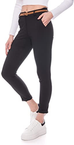 Kendindza Chino Damen Hose Stretch mit Gürtel Stoffhose Damen elegant lang (M, Schwarz)
