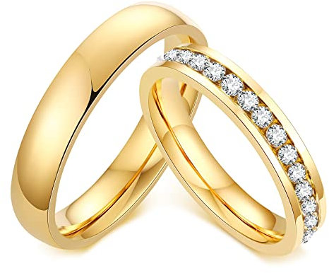 Verlobungsring Paar Titan, Partnerringe Paar Gold 4MM Breite Ewigkeit Runden Zirkonia Trauringe Partnerringe Eheringe Damen Gr. 57 (18.1) & Herren Gr. 60 (19.1)