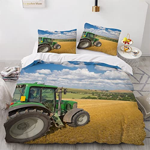 Lolosale Bettwäsche 155x220 Traktor Bettbezug Set Weich Microfaser Bettwäsche-Set Feldgrüner Traktor Maschinen Kinderbettwäsche Bettwaren ReißVerschluss Bettbezug Mit 2 Kissenbezug 80x80cm