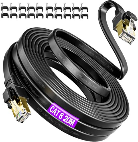 Soibke Lan Kabel 20meter Cat 8, Netzwerkkabel 20m Flach Wlan Ethernet Kabel Outdoor Geschirmt 40Gbps 2000MHz High Speed RJ45 Gigabit Schirmung Internet Patchkabel Schwarz für Router