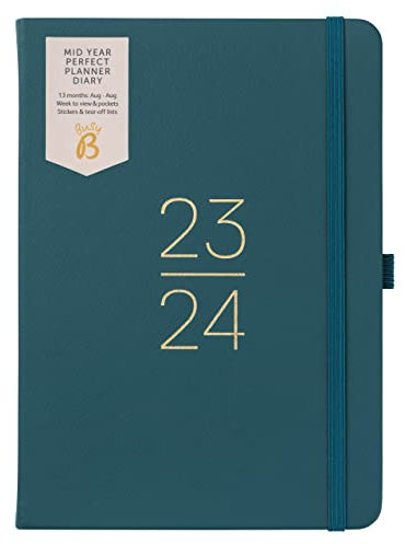 Busy B – Mid-Year Perfect Planner Terminkalender August 2023 - August 2024 - Tannengrün - A5 Kunstleder Wochenübersicht Planer mit Stifthalter, Stickern und Listenblock