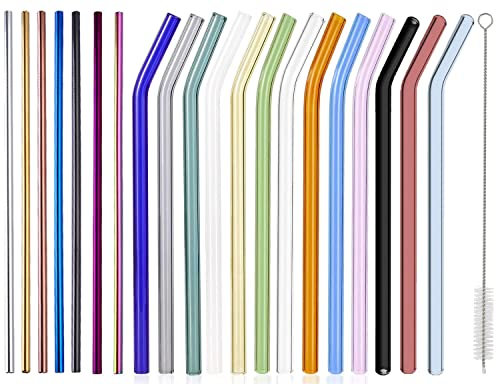 20 Pajitas Reutilizables de Vidrio y Acero Inoxidable, 13 Pajitas de Vidrio Curvo de Colores & 7 Colores Pajita Recta de Acero Inoxidable de, Adecuado para zumos y bebidascon - Cepillos de Limpieza