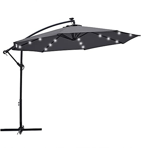 Panana 3M Garden Cantilever Parasol with 24 Solar Powered LED Lights Outdoor Banana Hanging Umbrella with Crank Mechanism Sun Shade Canopy for Poolside, Deck, Patio and Balcony Dark Grey