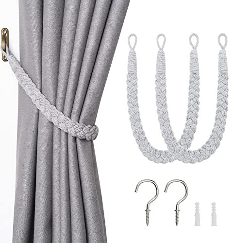 Pretty Jolly 2 Pack Natural Cotton Rope Curtain Tiebacks Elegant Boho Style Decorative Drape Tie Backs Soft Hand-Woven Rope Curtain Holdbacks with Metal Hook for Home & Office Drapery (Light Grey)