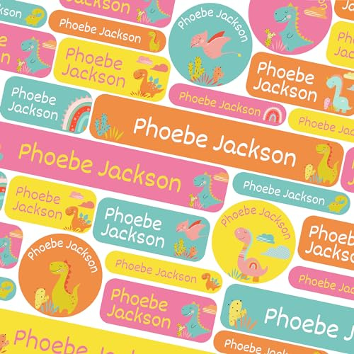 123 Name Labels for Kids No Iron Name Tags for Clothes Name Stickers for Water Bottles, School Uniform, School, Nursery, Care Homes, Washable and Dishwasher Safe for Children (Colourful Dinos)