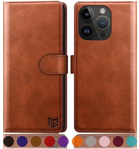 SUANPOT Design für iPhone 15 Pro 6.1 Hülle PU Leder [RFID Schutz] Handyhülle Lederhülle Klapphülle Kartenfach Flip Cover für Apple 15 Pro Handy hülle Leather Wallet Phone Case Hellbraun