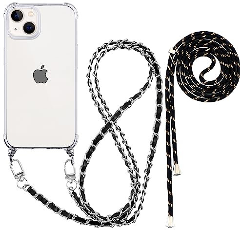 Pnakqil Coque pour iPhone 12 Pro Max avec Cordon et Chaîne, Étui de Protection avec [2 Pièces] Corde Portable Bandouliere Collier, Housse Transparente TPU Antichoc Souple, Argent Noir & Noir