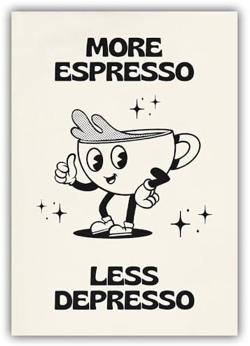 Vintage More Espresso Less Depresso Poster Cute Cartoon Kaffeetasse Schwarz und Weiß Wandkunst Lustig Trendy Ästhetik Dekor Zuhause Wohnzimmer Restaurant Café Wanddruck Leinwand 30,5 x 40,6 cm