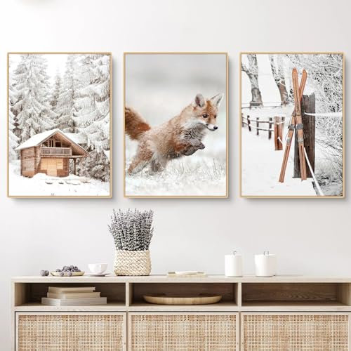 CULASIGN 3er Premium Poster Set, Winter Bilder, Moderne Winterlandschaft Schnee, Hirsche, Schlitten, Tiere Wandkunst Wandbilder, Wohnzimmer Schlafzimmer Wanddeko, ohne Rahmen (GHI,50x70cm)