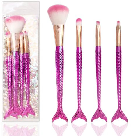 Lot de 4 pinceaux de maquillage en forme de sirène pour fard à paupières, blush, anti-cernes, pinceaux de maquillage de voyage, cadeau pour filles et femmes
