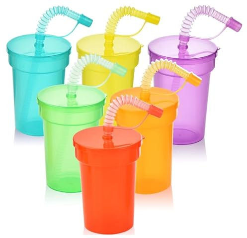 ALINK 6 Pack Kinder Party Becher,Plastikbecher,Trinkbecher Set mit Deckel Strohhalm,Eiskaffee,Kaltes Trinken,Smoothie Saft (380ML)
