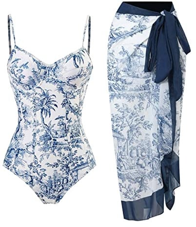 YUNAR Women Retro Deep Plunging One Piece Monokini Swimwear with Sarong 2 pcs Set (Blue and White - Underwired, M)