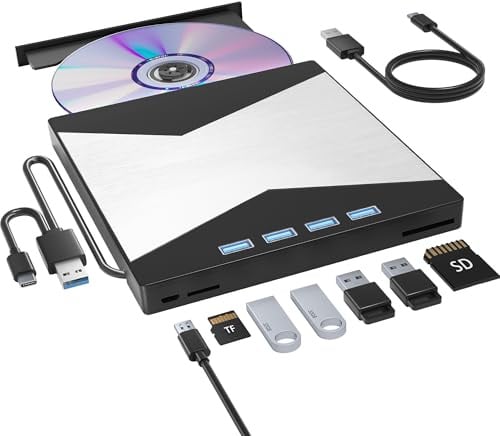 Externes CD/DVD-Laufwerk für Laptop, DVD-Player für Laptop, 8 in 1 Ultra-Slim CD-Brenner mit 4 USB-Anschlüssen und 2 TF/SD Kartensteckplätzen, Externes Laufwerk Optisch Kompatibel mit Desktop Mac